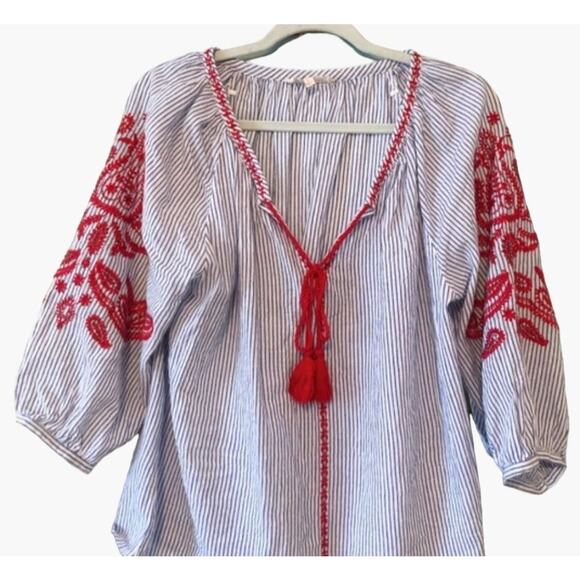 Solitaire Blue Red Stripe Embroidered Blouse Women's Size Small Pullover Longer - Picture 2 of 8